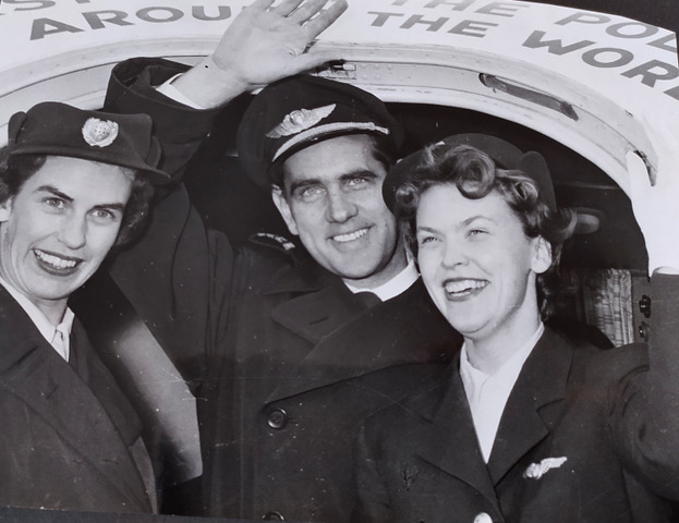 The front page of the Norwegian newspaper Aftenposten, February 1957. Aase (right) together with the Swedish captain and air hostess from the first commercial flight over the North Pole.